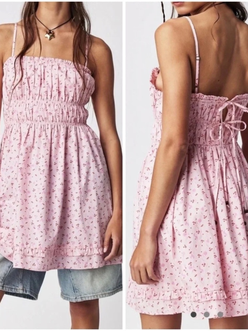Free People Gabby Mini Dress Pink/Rose Cherry Print Lace Up Back Size XS Boho